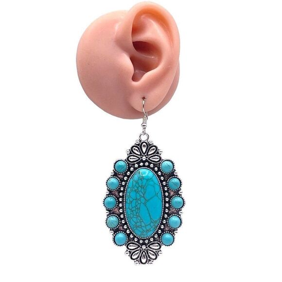 Silver with Blue Turquoise Boho Southwestern Native Hook Earrings - Picture 6 of 6